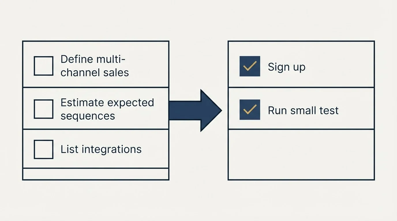 Before-and-after steps: Getting Started Checklist (Define multi-channel sales, Estimate expected sequences, List integrations, Sign up)