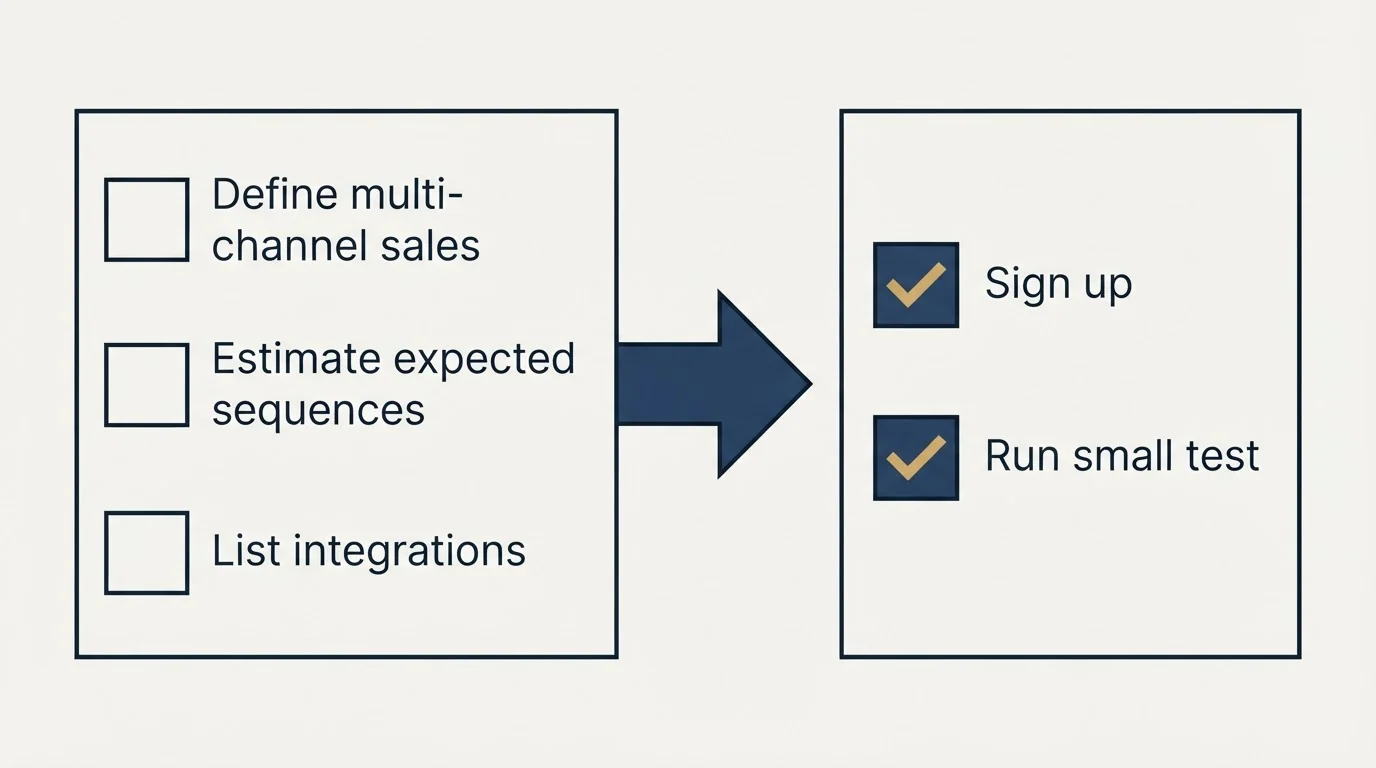 Before-and-after steps: Getting Started Checklist (Define multi-channel sales, Estimate expected sequences, List integrations, Sign up)