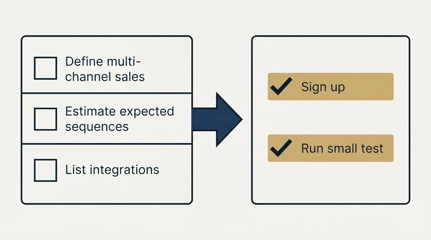 Before-and-after steps: Getting Started Checklist (Define multi-channel sales, Estimate expected sequences, List integrations, Sign up)