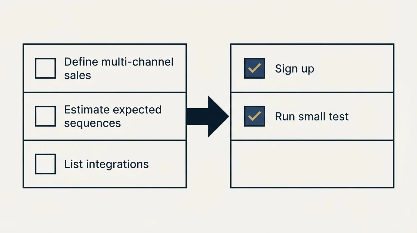 Before-and-after steps: Getting Started Checklist (Define multi-channel sales, Estimate expected sequences, List integrations, Sign up)