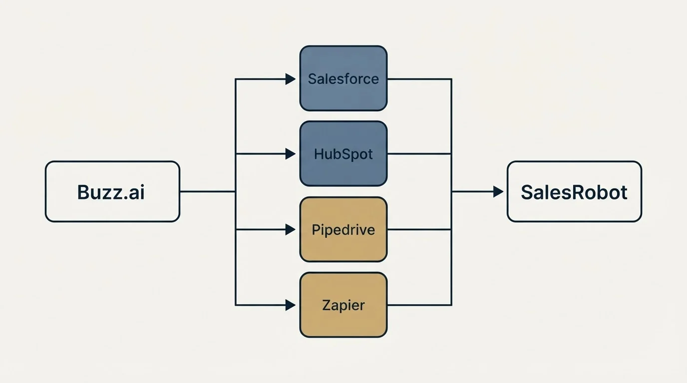 Integration flow: Integration Ecosystem (Buzz.ai, SalesRobot, Salesforce, HubSpot)