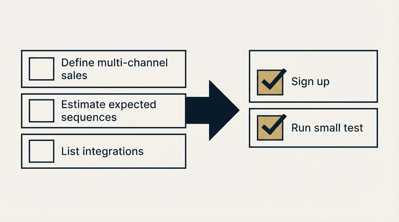 Before-and-after steps: Getting Started Checklist (Define multi-channel sales, Estimate expected sequences, List integrations, Sign up)