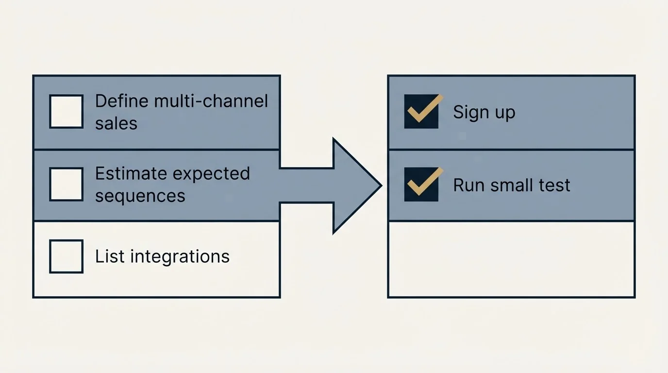 Before-and-after steps: Getting Started Checklist (Define multi-channel sales, Estimate expected sequences, List integrations, Sign up)
