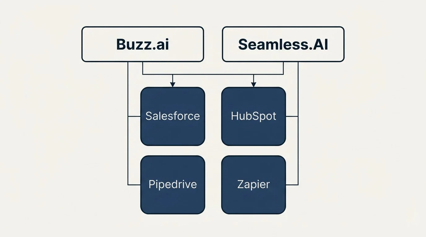 Integration grid: Integration Ecosystem (Buzz.ai, Seamless.AI, Salesforce, HubSpot)