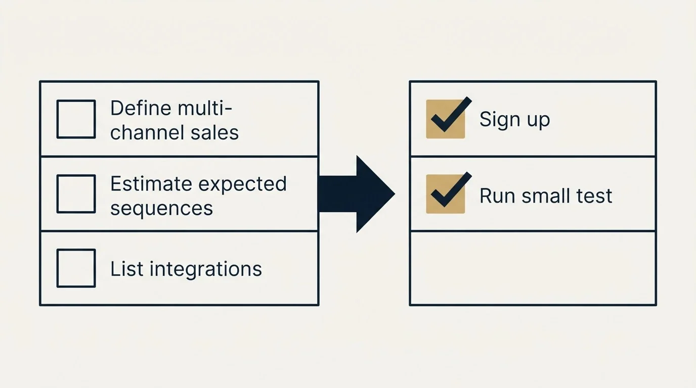 Before-and-after steps: Getting Started Checklist (Define multi-channel sales, Estimate expected sequences, List integrations, Sign up)