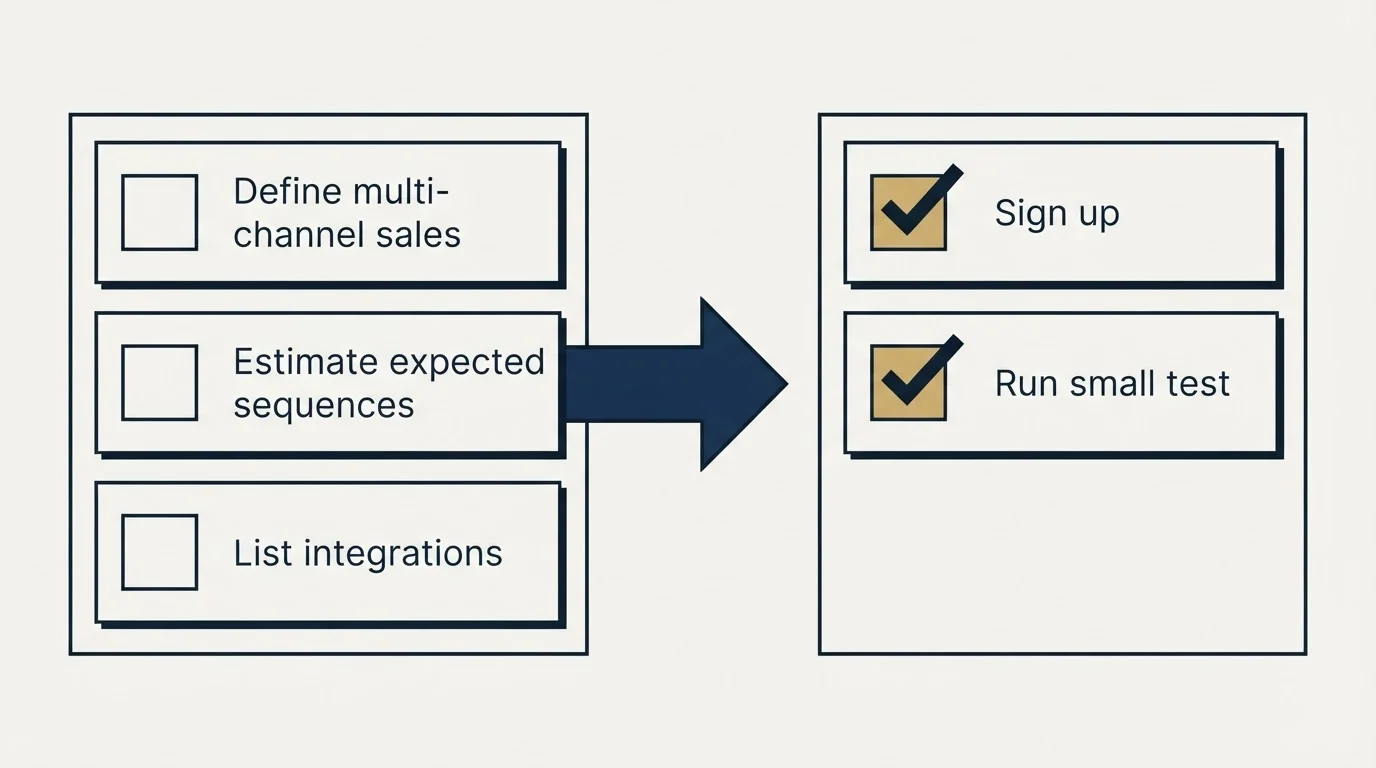 Before-and-after steps: Getting Started Checklist (Define multi-channel sales, Estimate expected sequences, List integrations, Sign up)