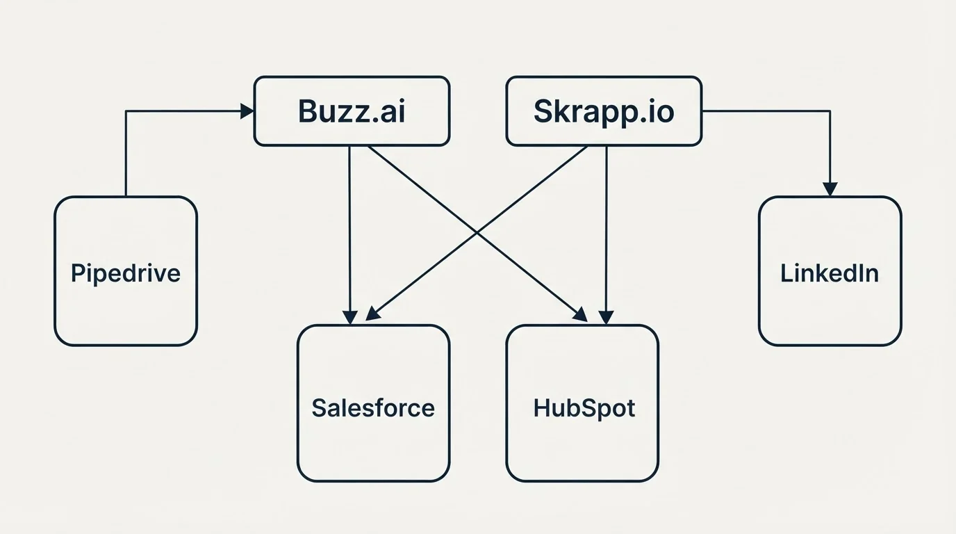 Integration grid: Integration Ecosystem (Buzz.ai, Skrapp.io, Salesforce, HubSpot)