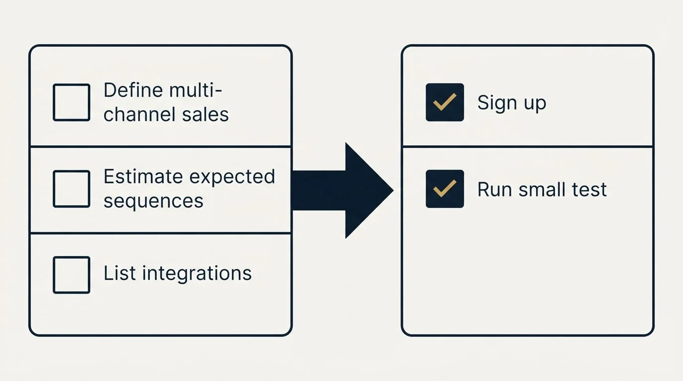 Before-and-after steps: Getting Started Checklist (Define multi-channel sales, Estimate expected sequences, List integrations, Sign up)