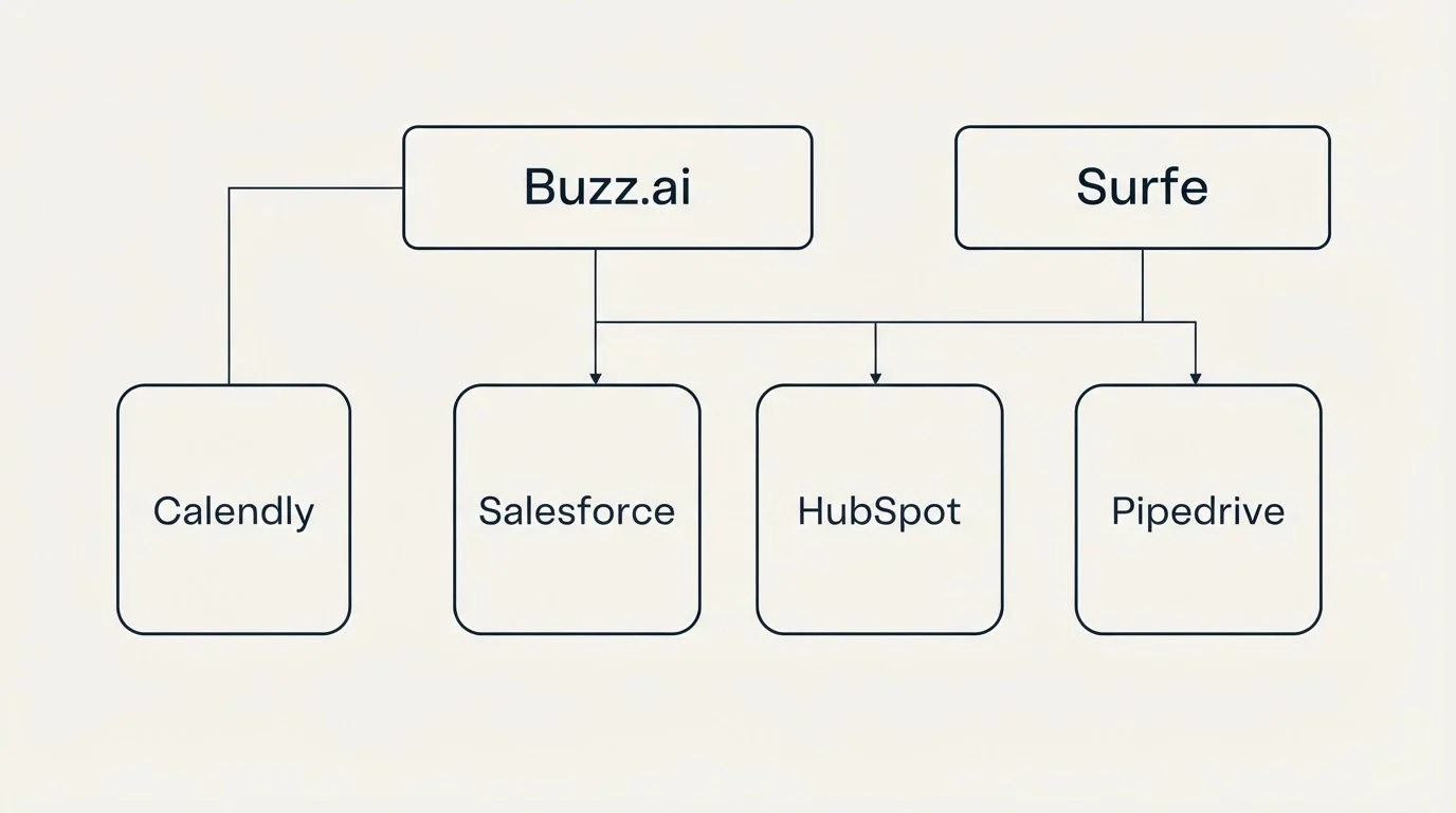 Integration grid: Integration Ecosystem (Buzz.ai, Surfe, Salesforce, HubSpot)
