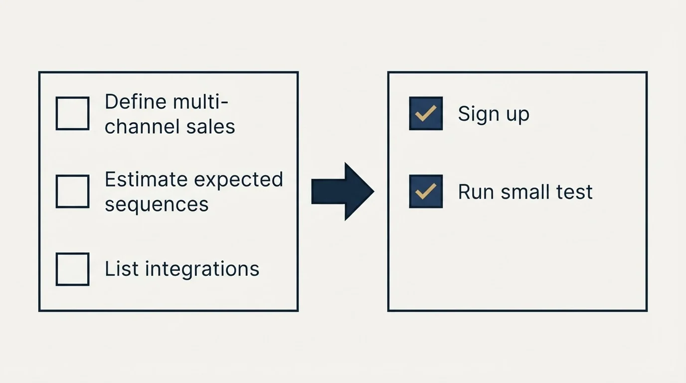 Before-and-after steps: Getting Started Checklist (Define multi-channel sales, Estimate expected sequences, List integrations, Sign up)