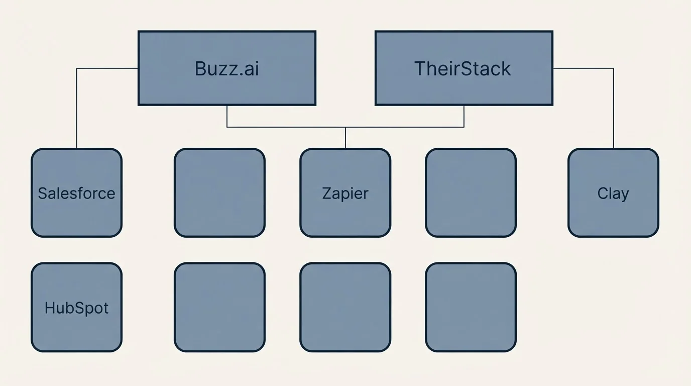 Integration grid: Integration Ecosystem (Buzz.ai, TheirStack, Zapier, Salesforce)