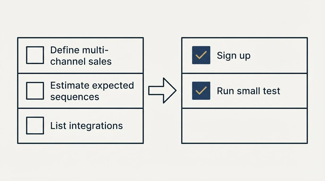 Before-and-after steps: Getting Started Checklist (Define multi-channel sales, Estimate expected sequences, List integrations, Sign up)