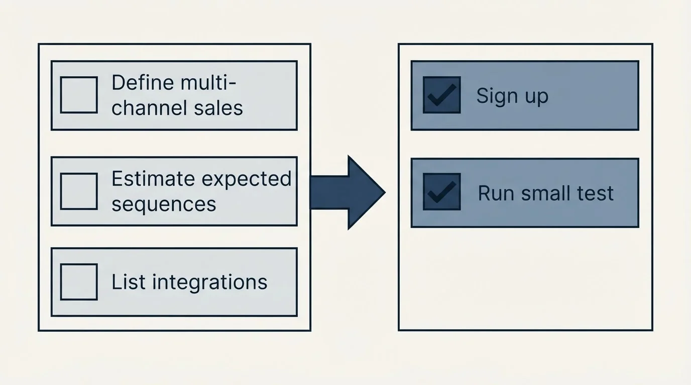 Before-and-after steps: Getting Started Checklist (Define multi-channel sales, Estimate expected sequences, List integrations, Sign up)
