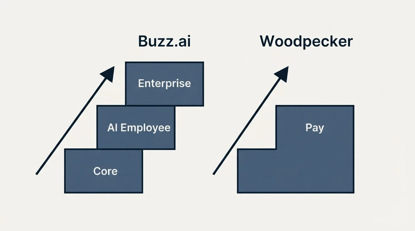 Pricing ladder: Pricing Comparison (Buzz.ai, Woodpecker, Core, Pay)