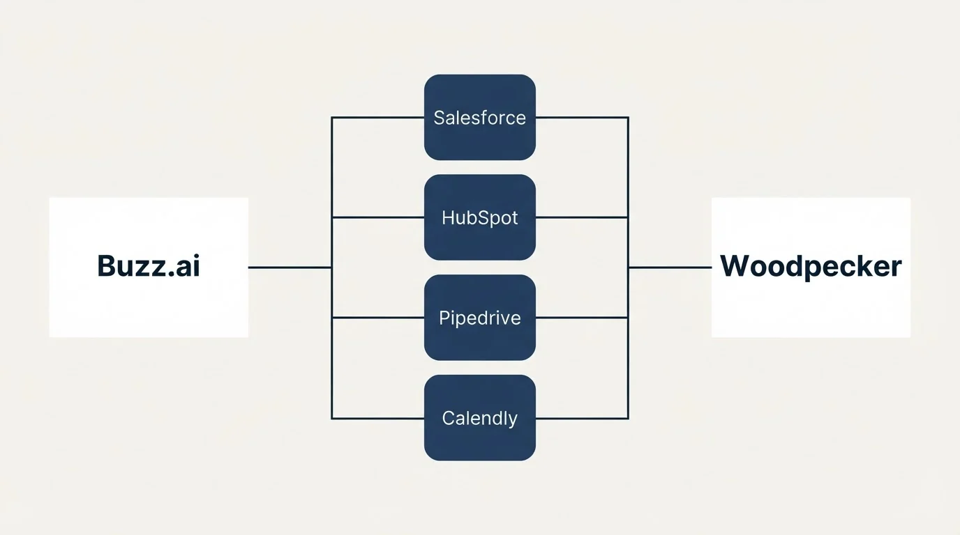 Integration flow: Integration Ecosystem (Buzz.ai, Woodpecker, Salesforce, HubSpot)