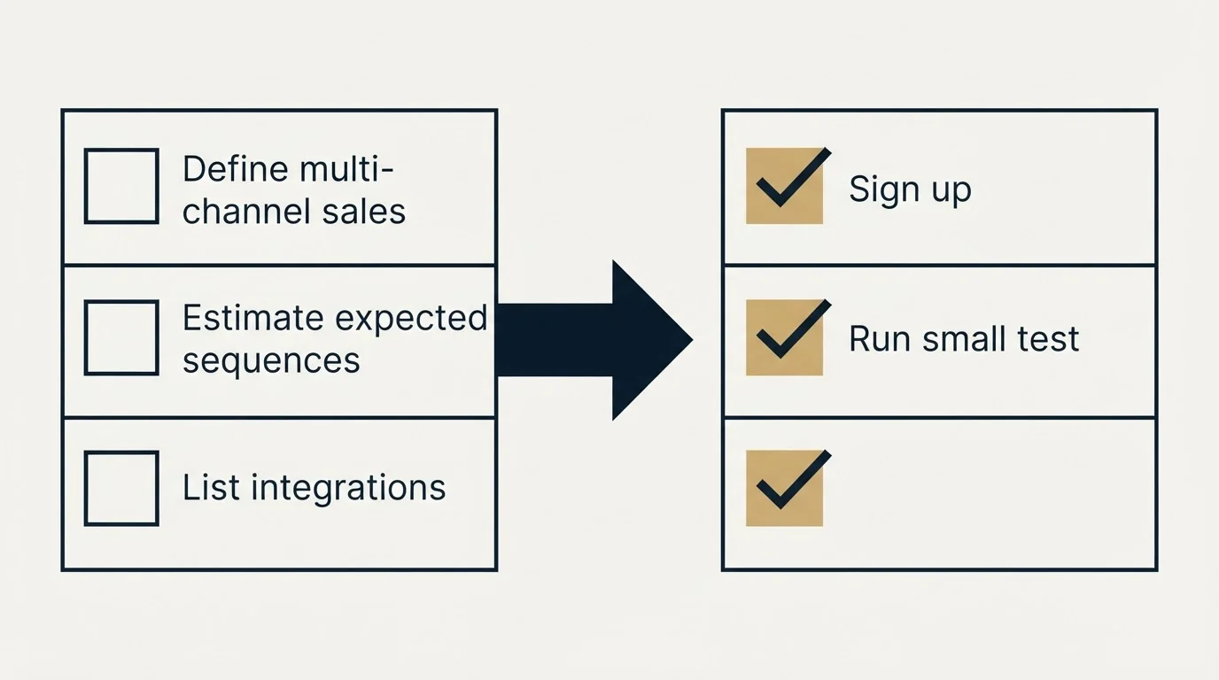 Before-and-after steps: Getting Started Checklist (Define multi-channel sales, Estimate expected sequences, List integrations, Sign up)