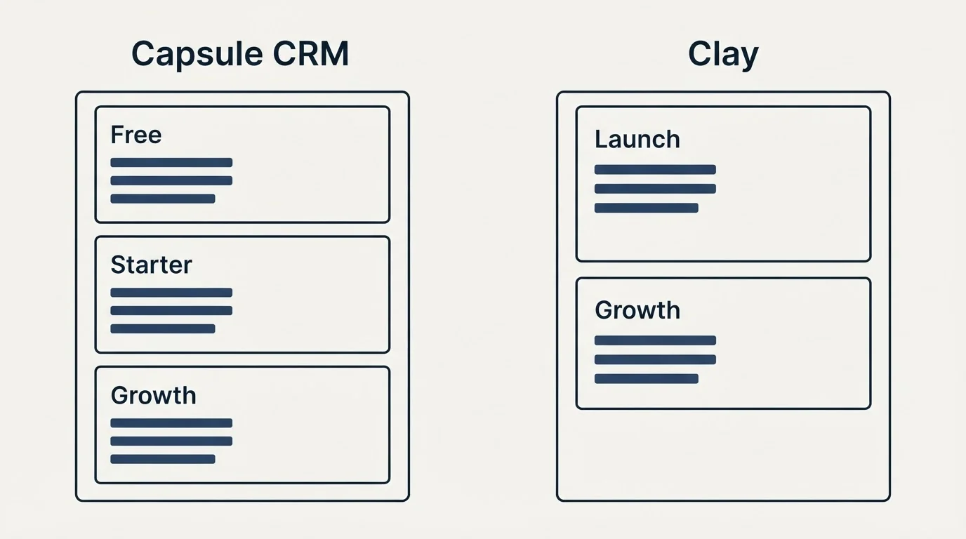 Pricing panels: Pricing Comparison (Capsule CRM, Clay, Free, Launch)