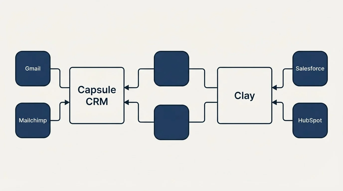Integration schematic: Integration Ecosystem (Capsule CRM, Clay, Gmail, Salesforce)