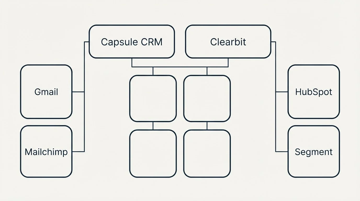 Integration grid: Integration Ecosystem (Capsule CRM, Clearbit, Gmail, HubSpot)