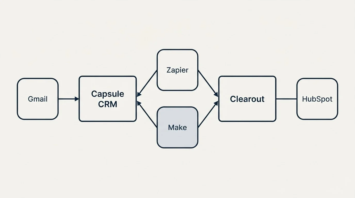 Integration schematic: Integration Ecosystem (Capsule CRM, Clearout, Zapier, Make)