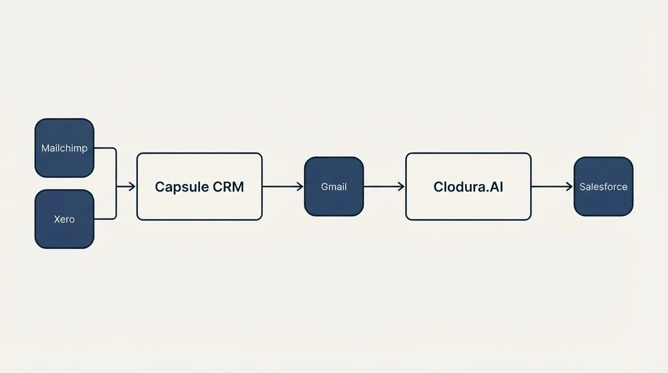 Integration flow: Integration Ecosystem (Capsule CRM, Clodura.AI, Gmail, Mailchimp)