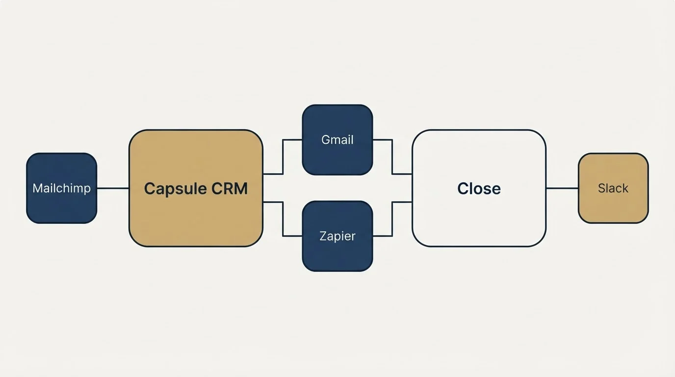 Integration flow: Integration Ecosystem (Capsule CRM, Close, Gmail, Zapier)