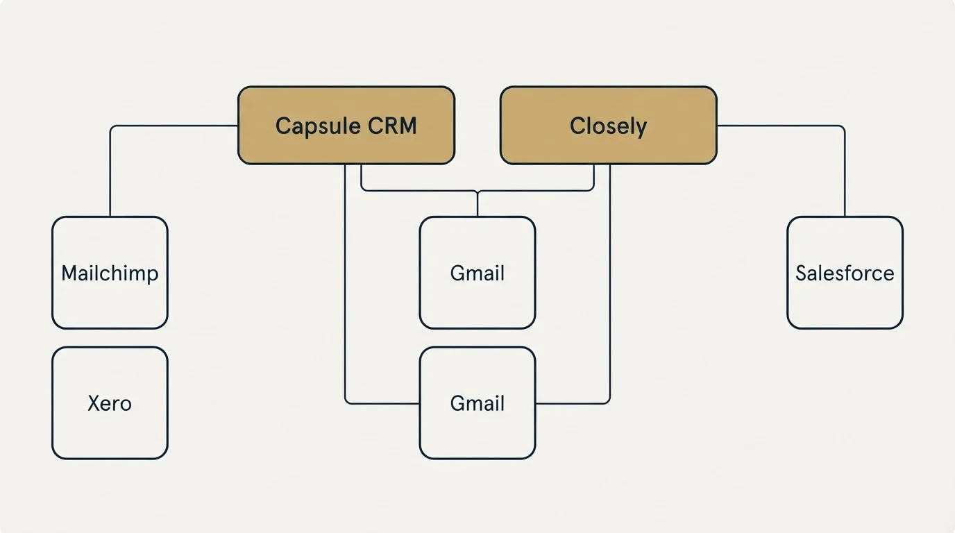 Integration grid: Integration Ecosystem (Capsule CRM, Closely, Gmail, Mailchimp)
