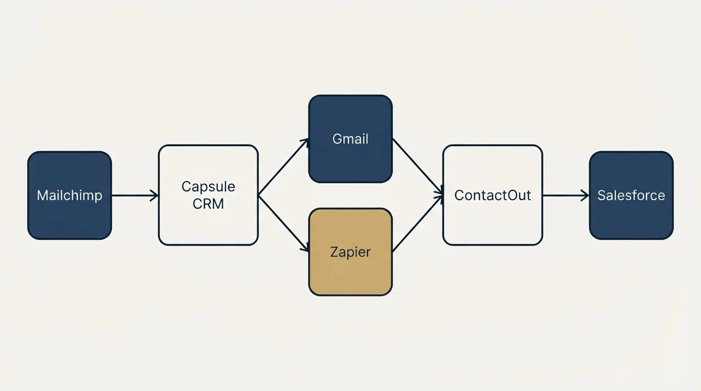 Integration schematic: Integration Ecosystem (Capsule CRM, ContactOut, Gmail, Zapier)