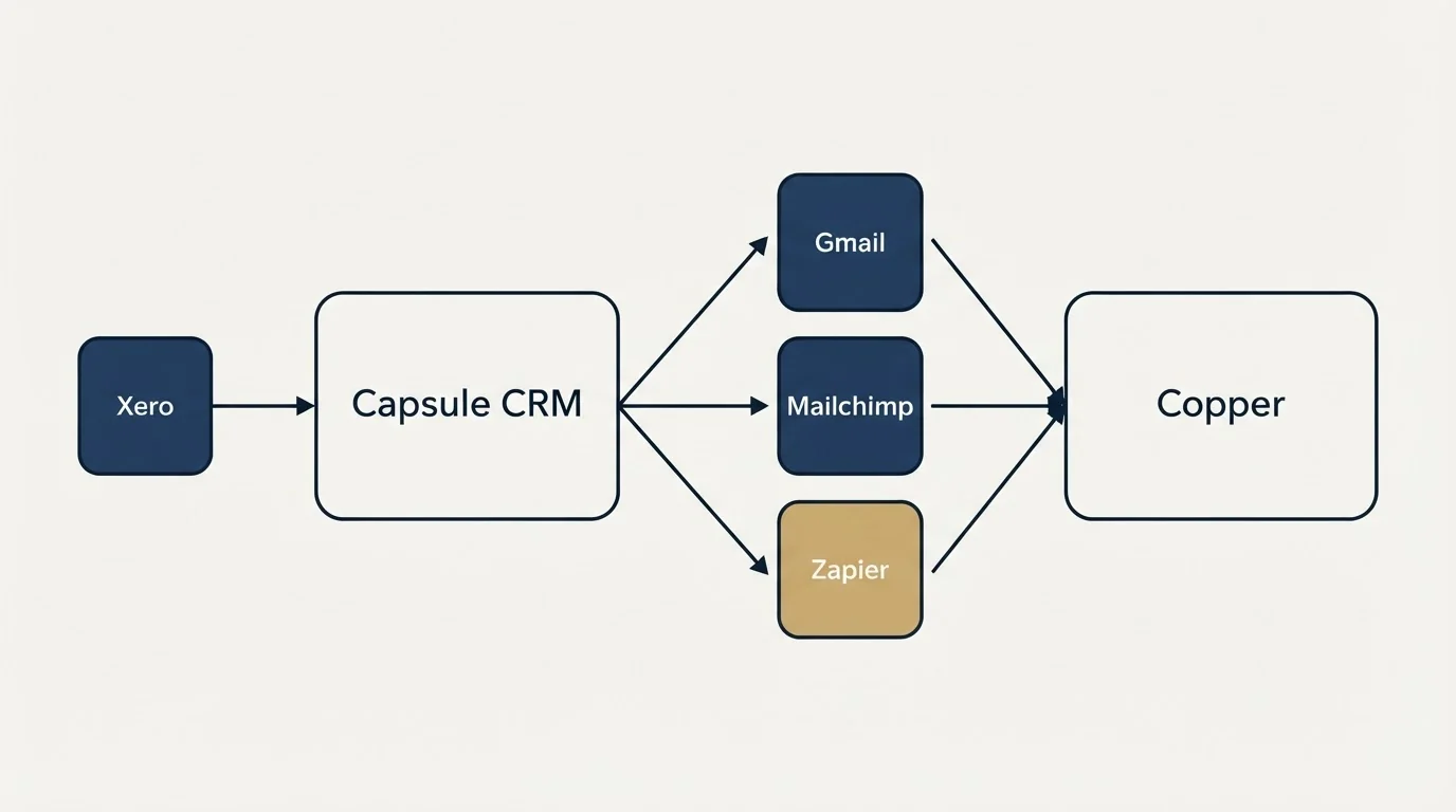 Integration schematic: Integration Ecosystem (Capsule CRM, Copper, Gmail, Mailchimp)