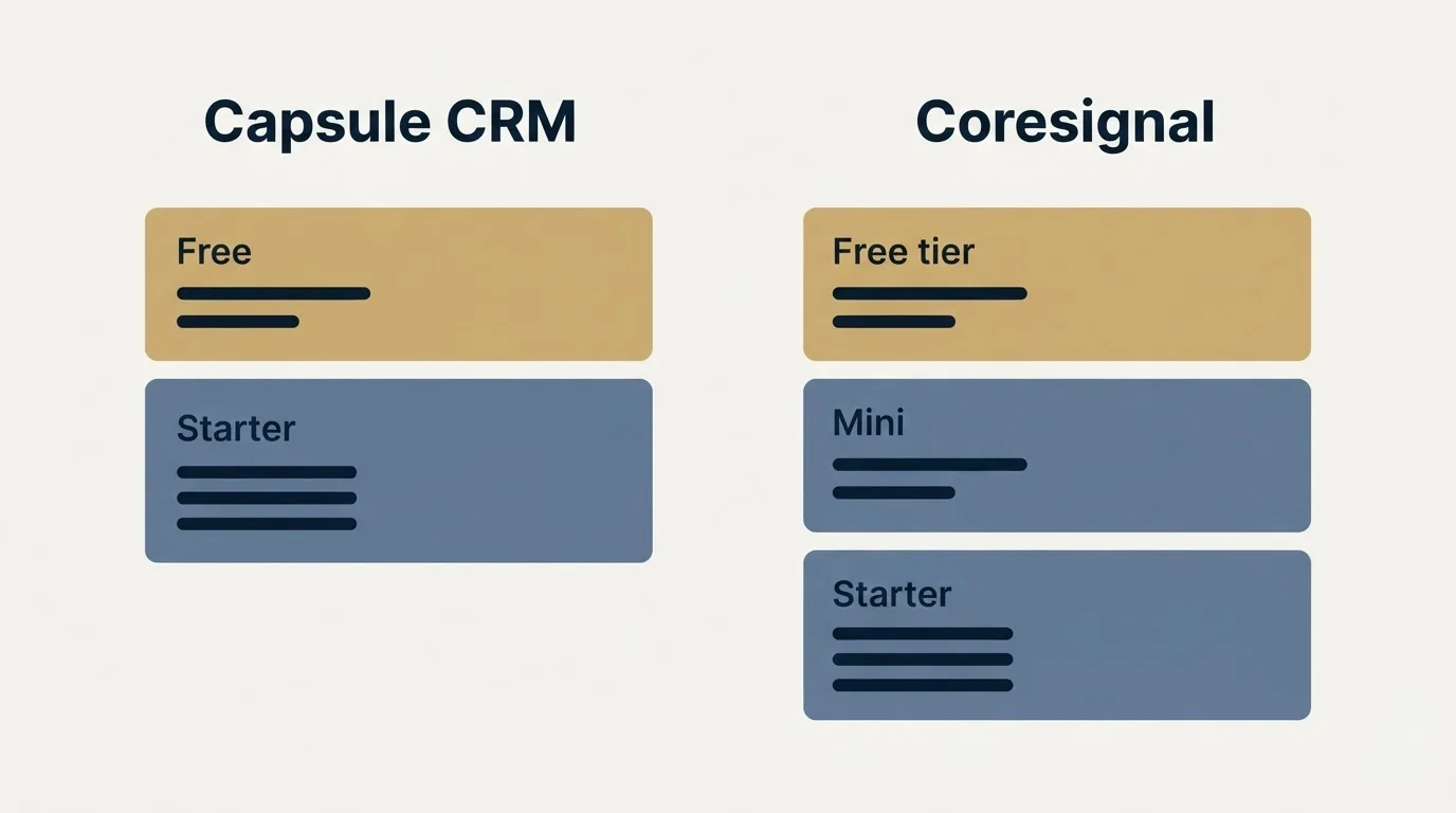 Pricing panels: Pricing Comparison (Capsule CRM, Coresignal, Free, Free tier)