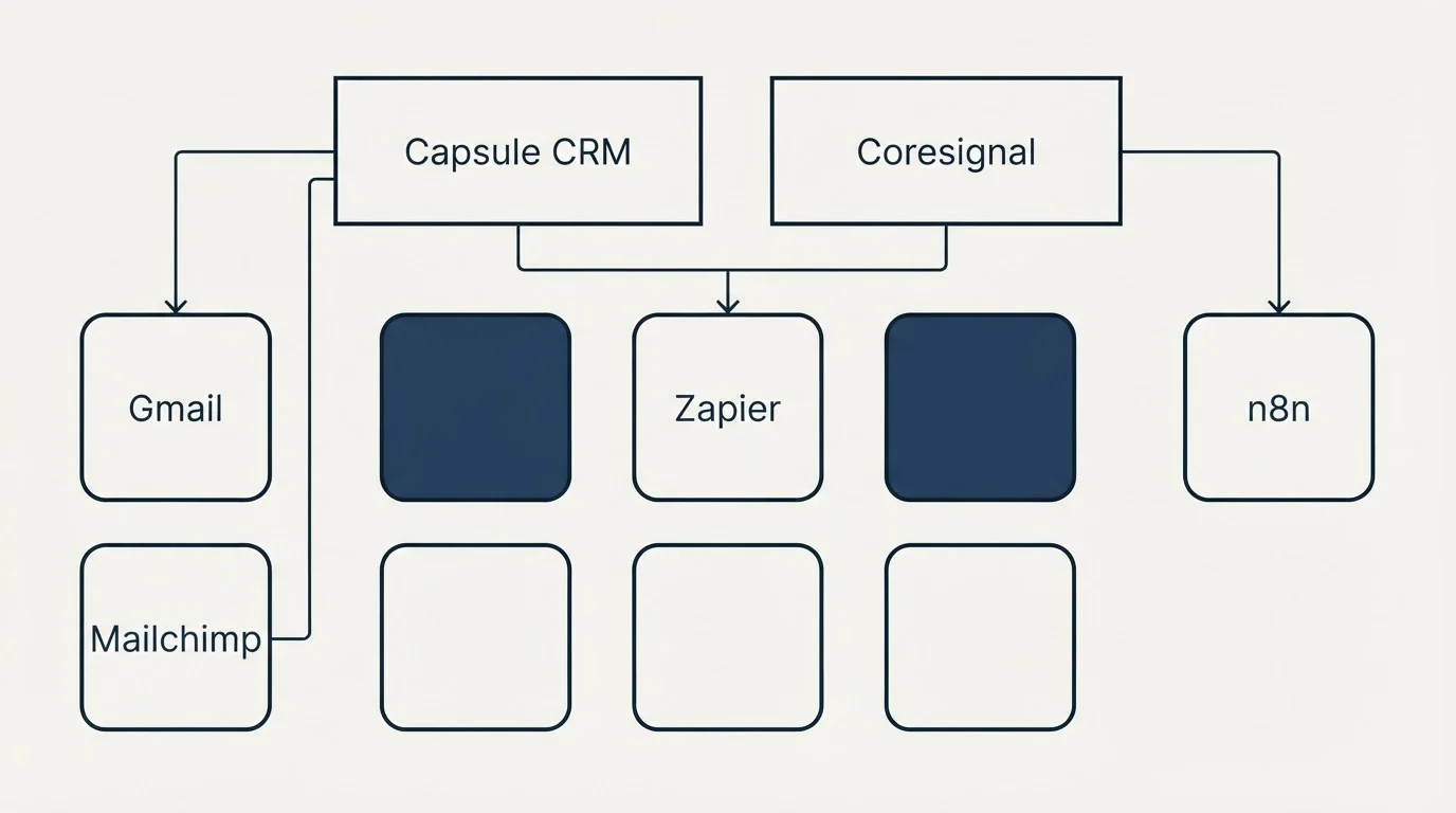 Integration grid: Integration Ecosystem (Capsule CRM, Coresignal, Zapier, Gmail)