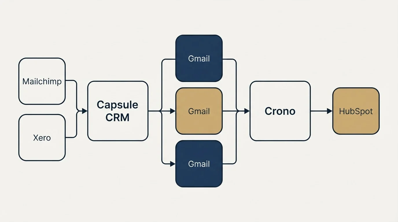 Integration flow: Integration Ecosystem (Capsule CRM, Crono, Gmail, Mailchimp)