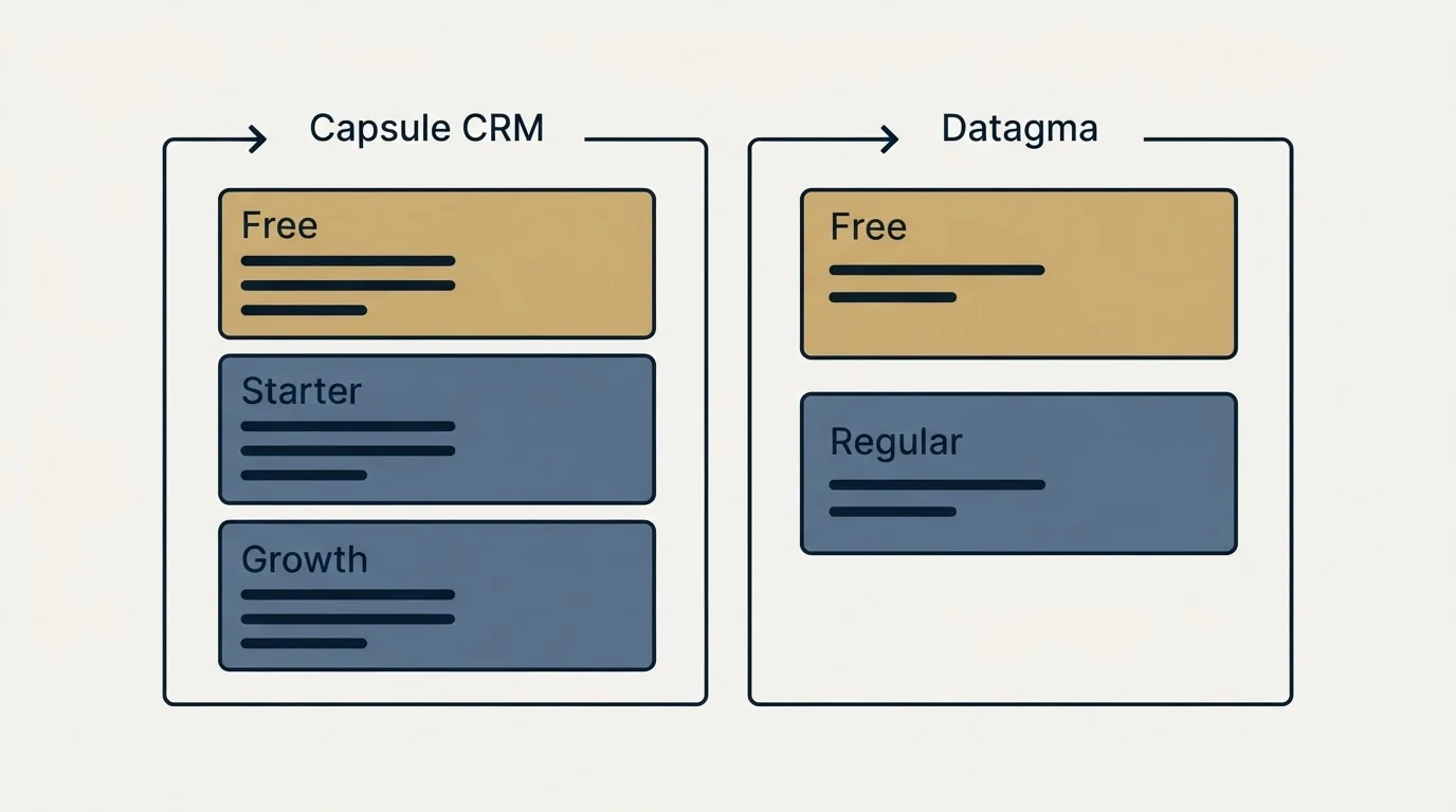 Pricing panels: Pricing Comparison (Capsule CRM, Datagma, Free, Starter)