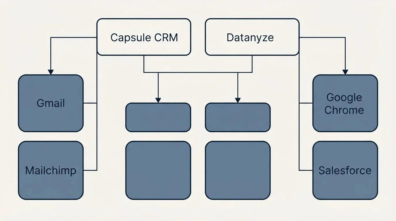 Integration grid: Integration Ecosystem (Capsule CRM, Datanyze, Gmail, Google Chrome)