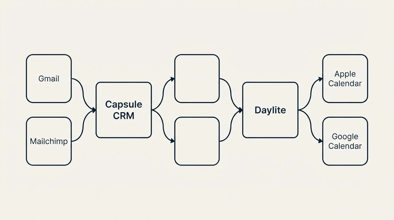 Integration schematic: Integration Ecosystem (Capsule CRM, Daylite, Gmail, Apple Calendar)