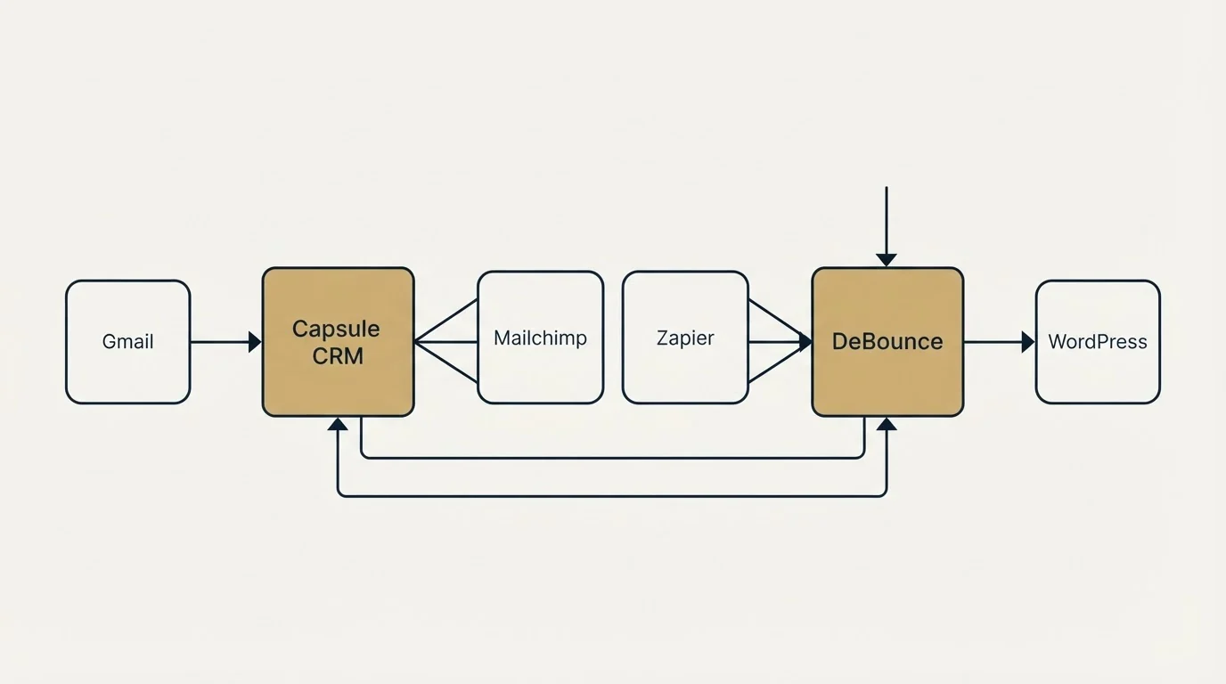 Integration schematic: Integration Ecosystem (Capsule CRM, DeBounce, Mailchimp, Zapier)