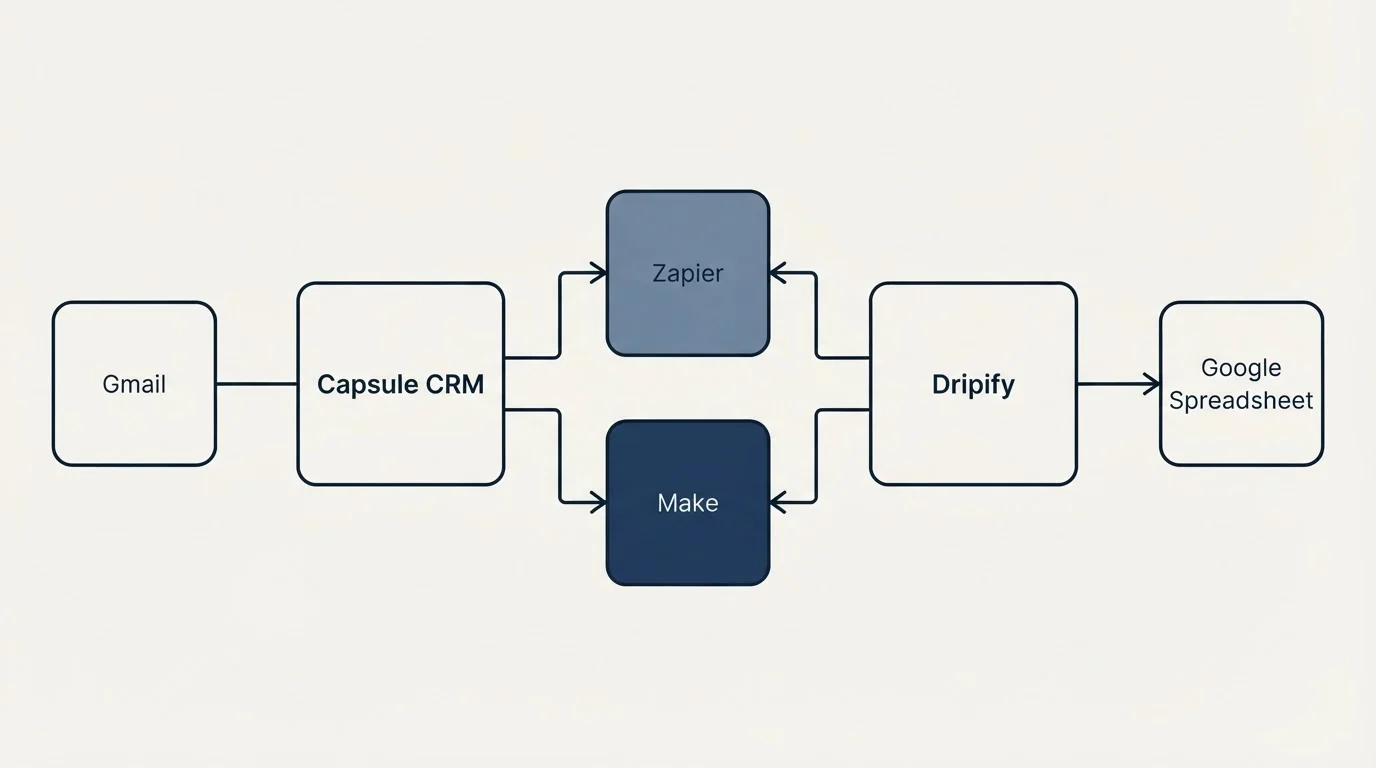 Integration flow: Integration Ecosystem (Capsule CRM, Dripify, Zapier, Make)