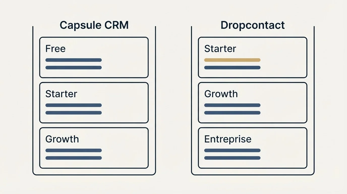 Pricing panels: Pricing Comparison (Capsule CRM, Dropcontact, Free, Starter)