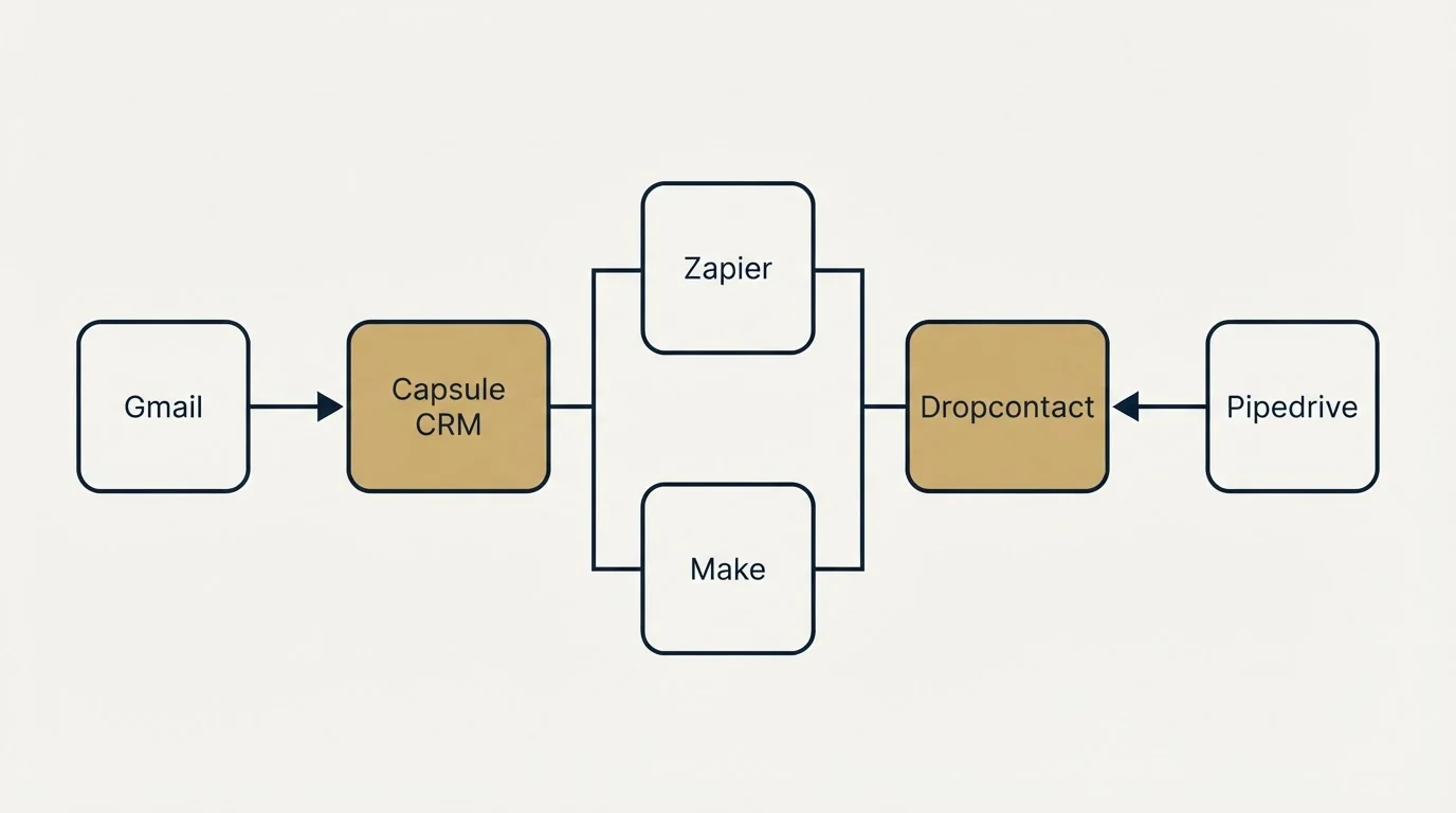 Integration flow: Integration Ecosystem (Capsule CRM, Dropcontact, Zapier, Make)