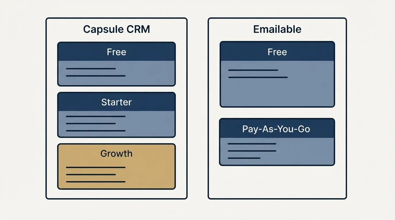 Pricing panels: Pricing Comparison (Capsule CRM, Emailable, Free, Starter)