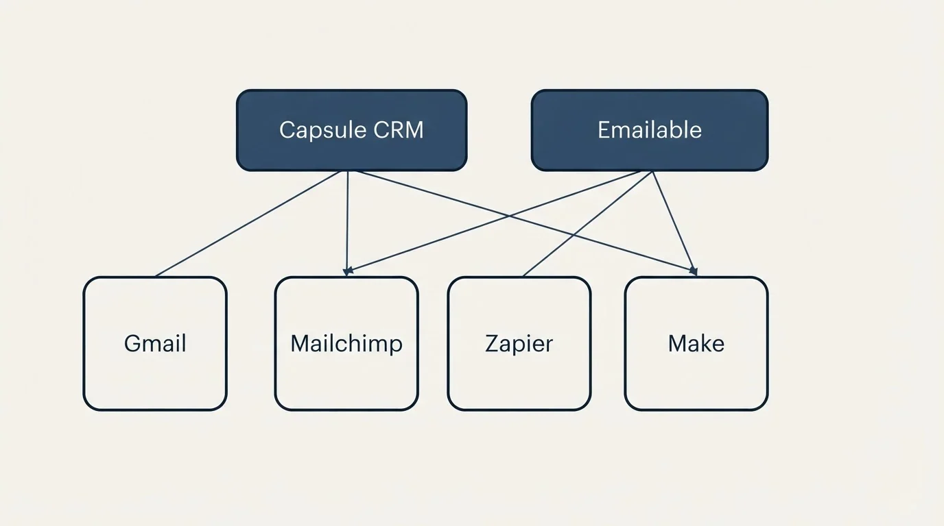 Integration grid: Integration Ecosystem (Capsule CRM, Emailable, Mailchimp, Zapier)