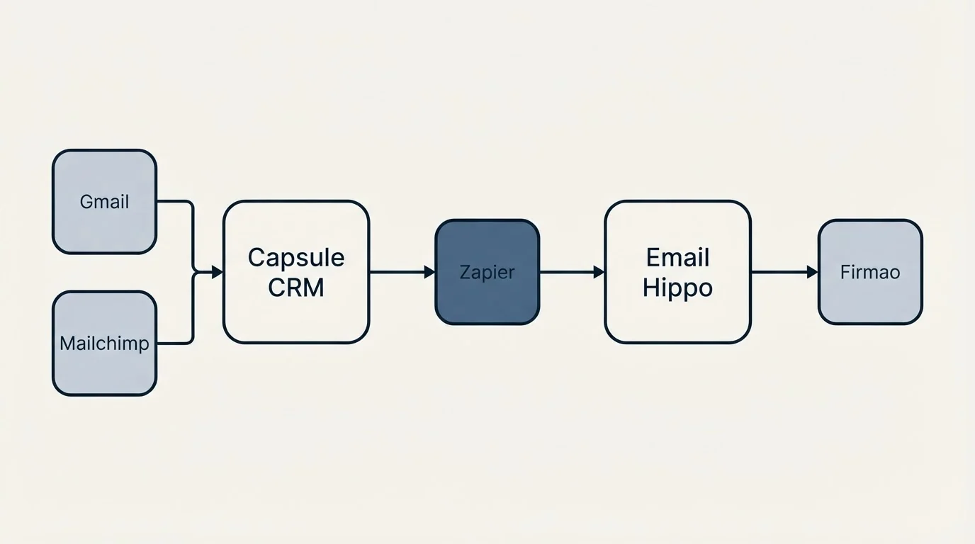 Integration schematic: Integration Ecosystem (Capsule CRM, Email Hippo, Zapier, Gmail)
