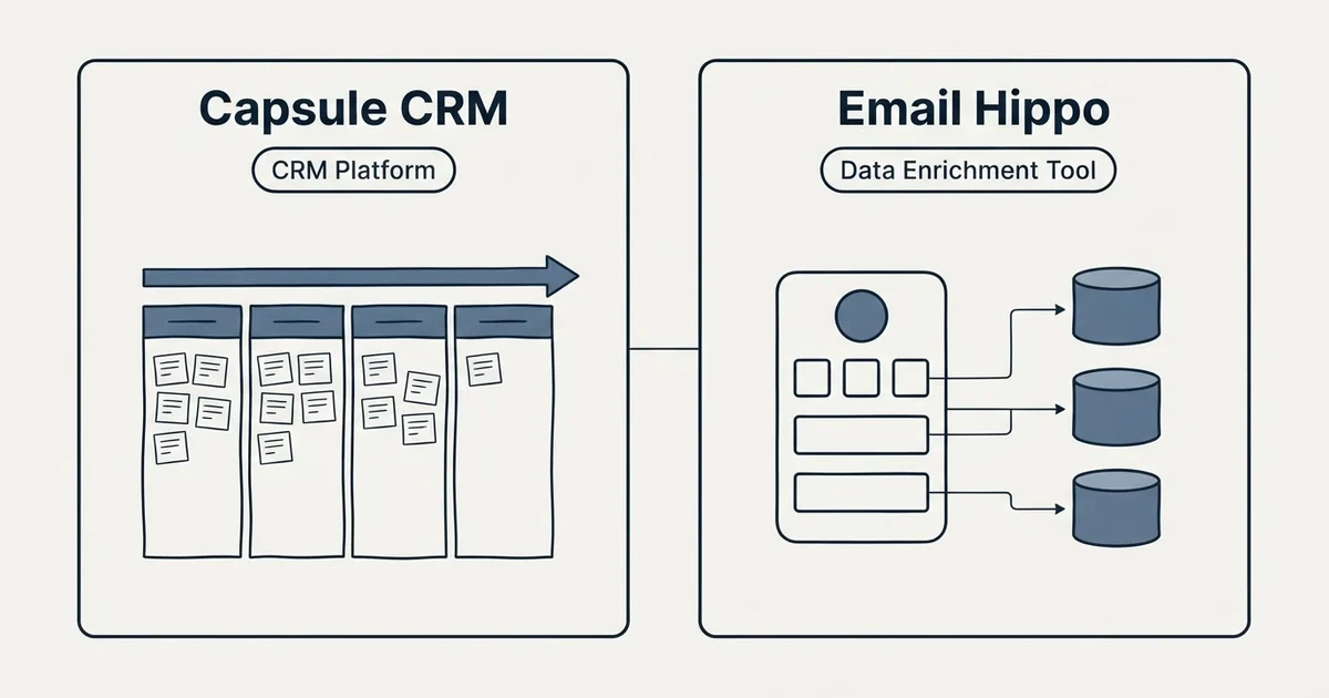 Side-by-side panels: Capsule CRM vs Email Hippo (CRM Platform, Data Enrichment Tool)