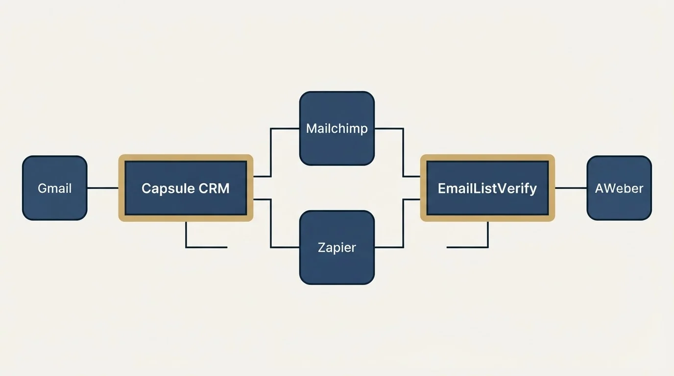 Integration schematic: Integration Ecosystem (Capsule CRM, EmailListVerify, Mailchimp, Zapier)