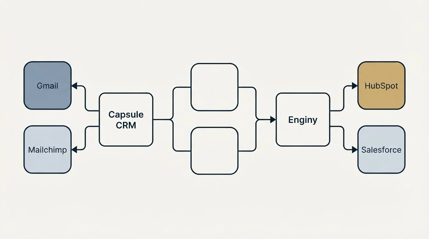 Integration schematic: Integration Ecosystem (Capsule CRM, Enginy, Gmail, HubSpot)
