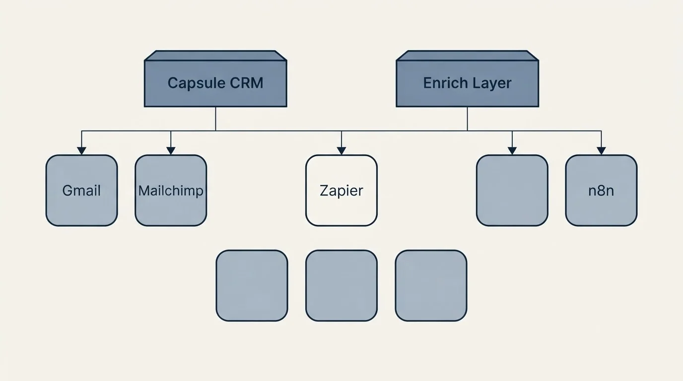 Integration grid: Integration Ecosystem (Capsule CRM, Enrich Layer, Zapier, Gmail)