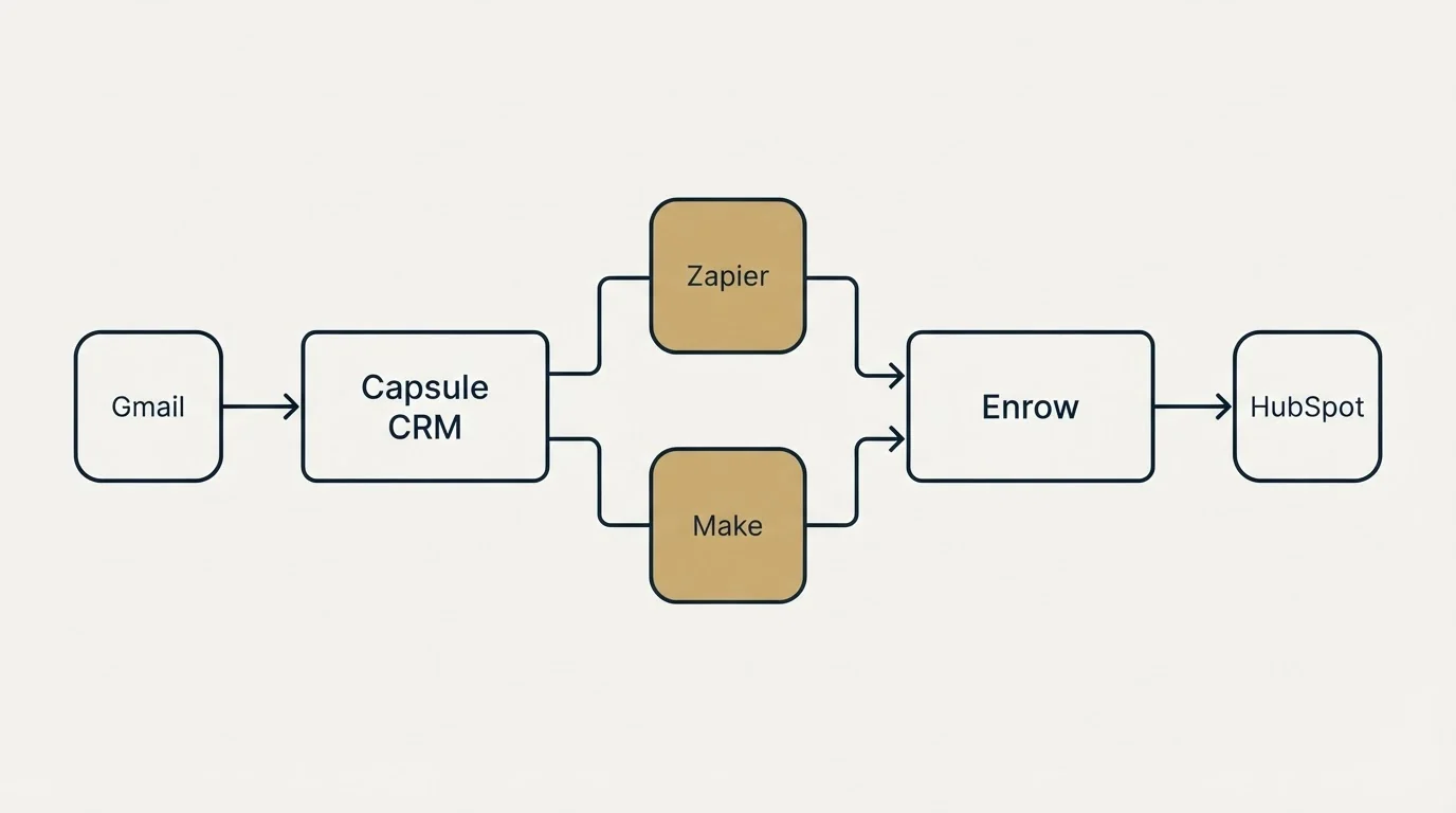 Integration schematic: Integration Ecosystem (Capsule CRM, Enrow, Zapier, Make)