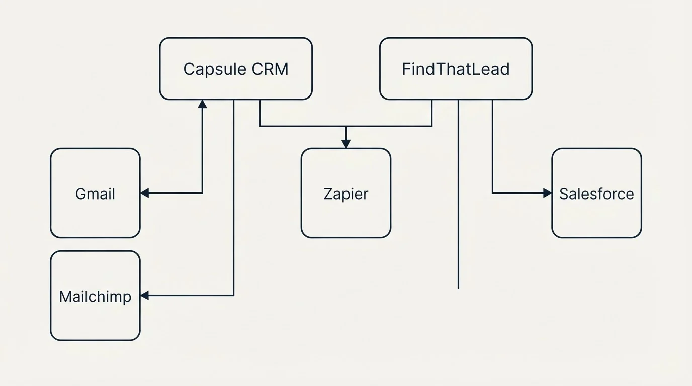 Integration grid: Integration Ecosystem (Capsule CRM, FindThatLead, Zapier, Gmail)