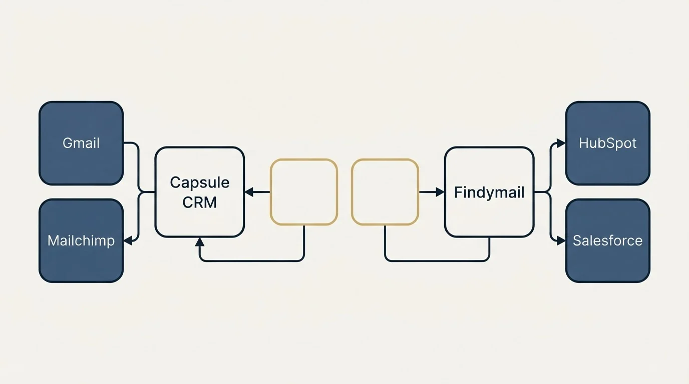 Integration schematic: Integration Ecosystem (Capsule CRM, Findymail, Gmail, HubSpot)