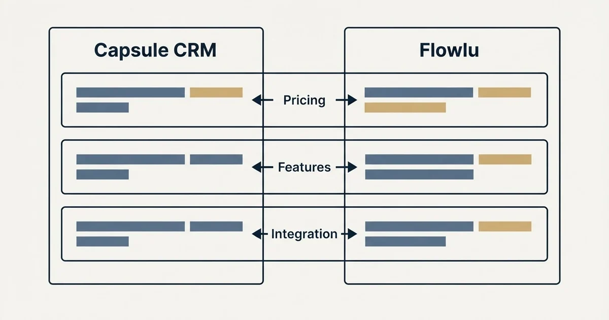 Comparison panel: Capsule CRM vs Flowlu (Pricing, Features, Integration)